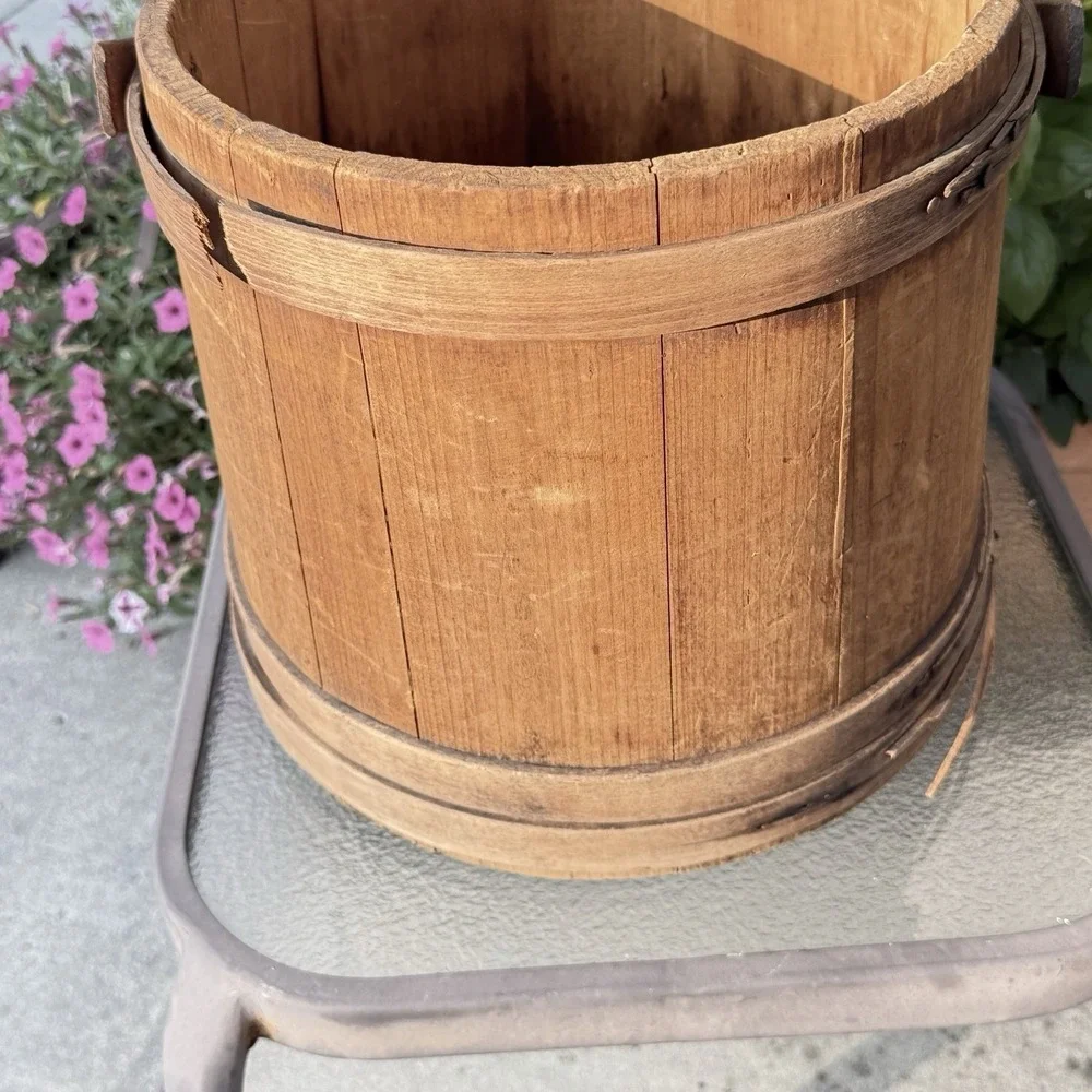 Antique Wooden Firkin Rustic Sugar Bucket Pail with handle  10